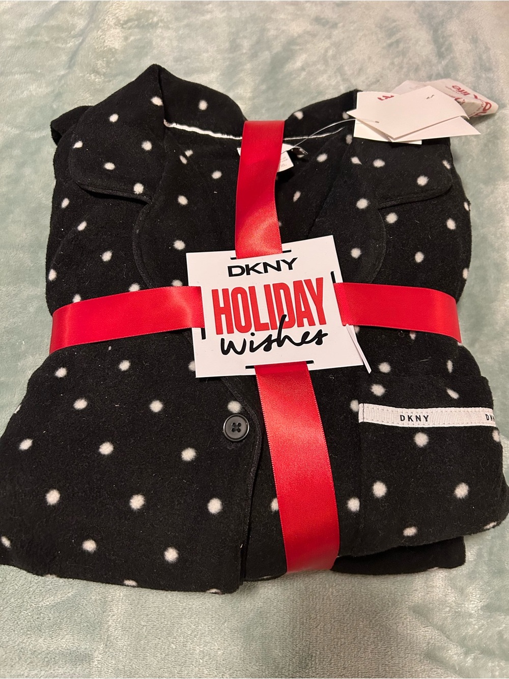 DKNY Black with White Polka Dot Holiday Wishes Two Piece Pajama Set Size XL NWT
